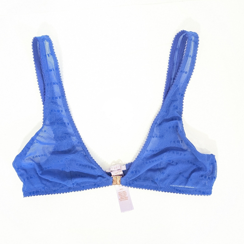 Savage X Fenty Flocked Logo Bralette Small Sheer Mesh Logo wire free blue